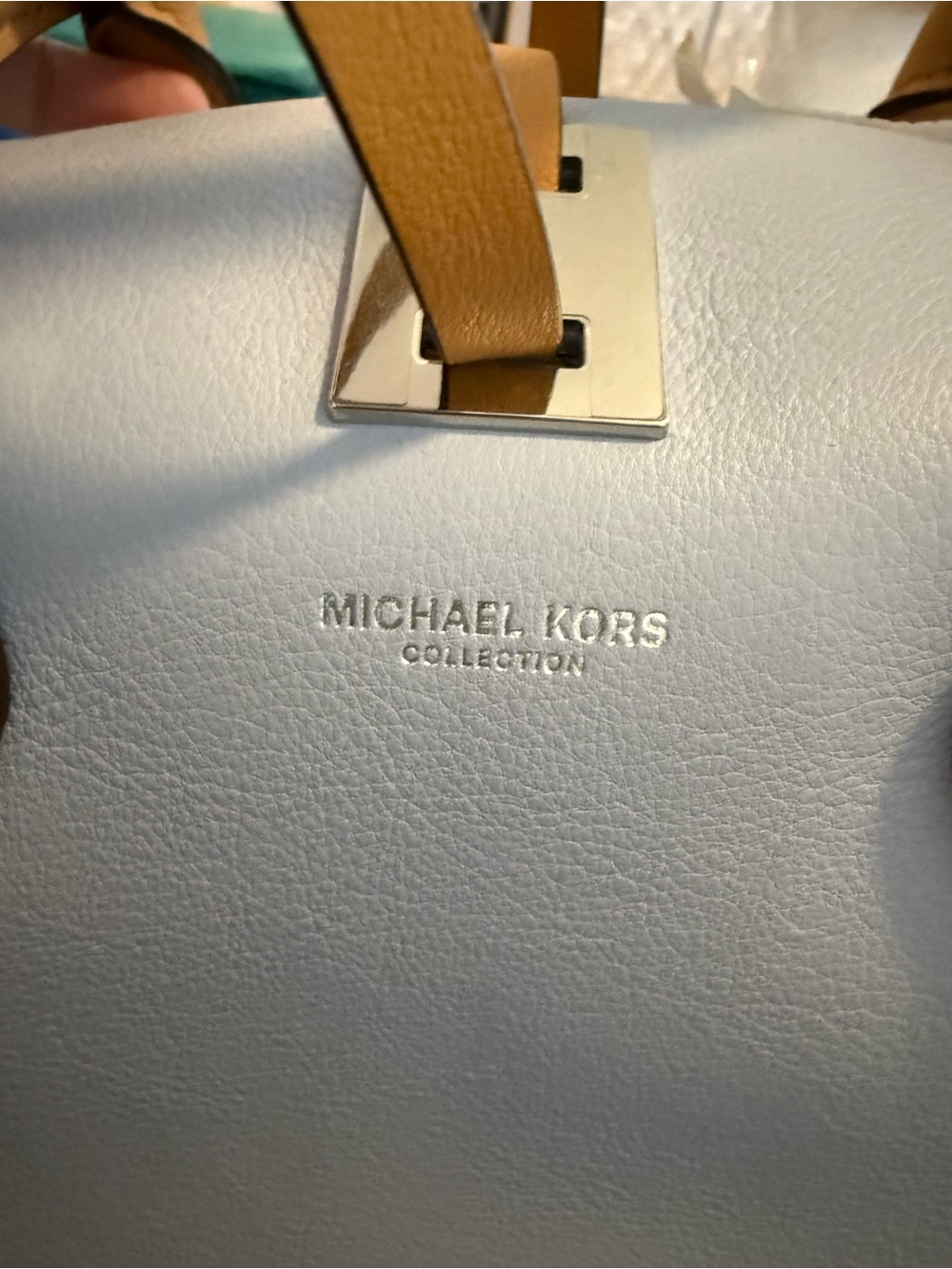 Michael Kors Collection Blue Leather Satchel with Tan Accents - Picture 2 of 13